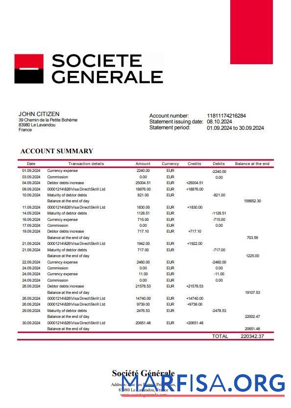 Downloadable France Société Générale bank statement word real example